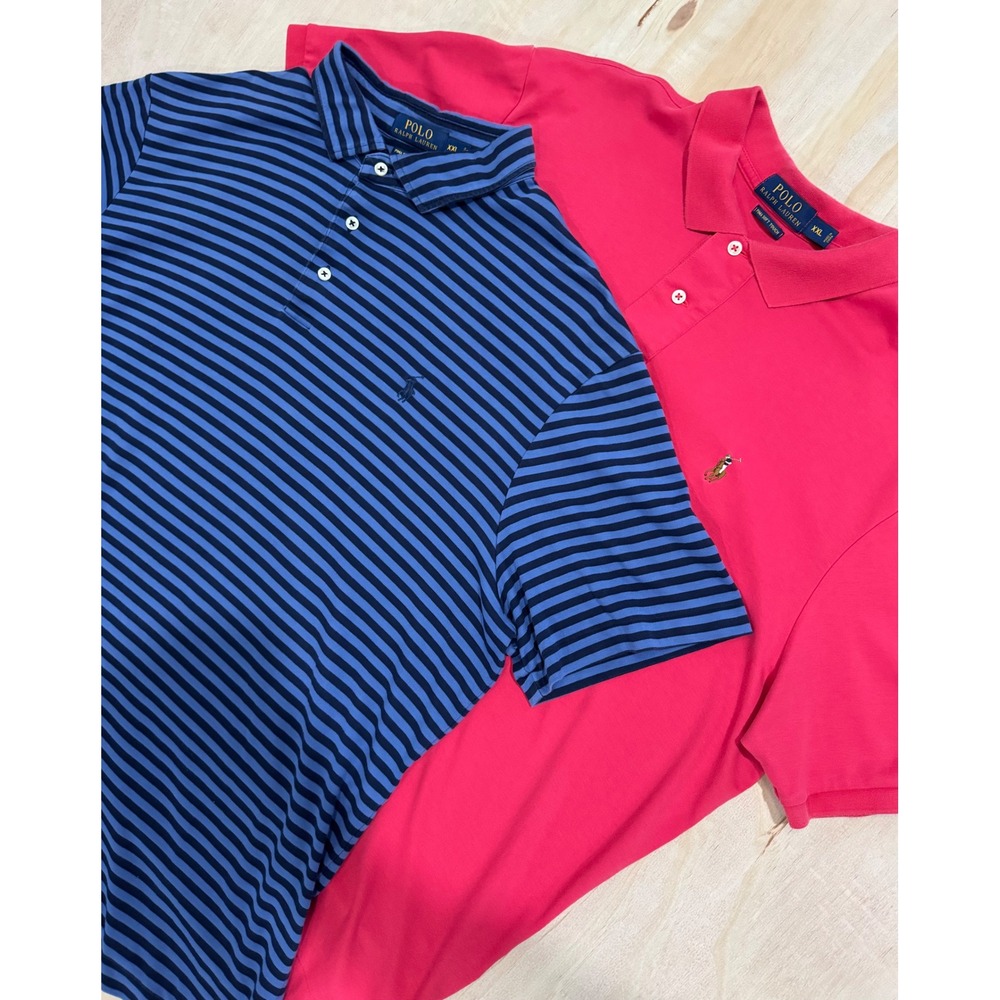 Lot 2 Polo Ralph Lauren Pima Soft Touch Polo XXL Pink Blue Striped Golf Shirts